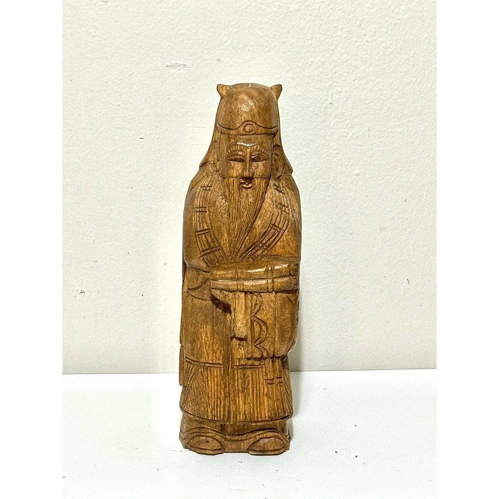 vintage hand-carved wooden figurine of an Asian sage, elder, or immortal